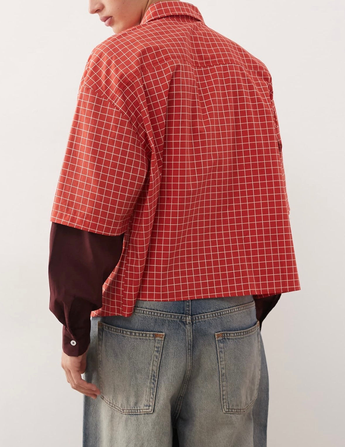 Reclaimed Vintage boxy crop red check shirt with double layer sleeve in Burgundy