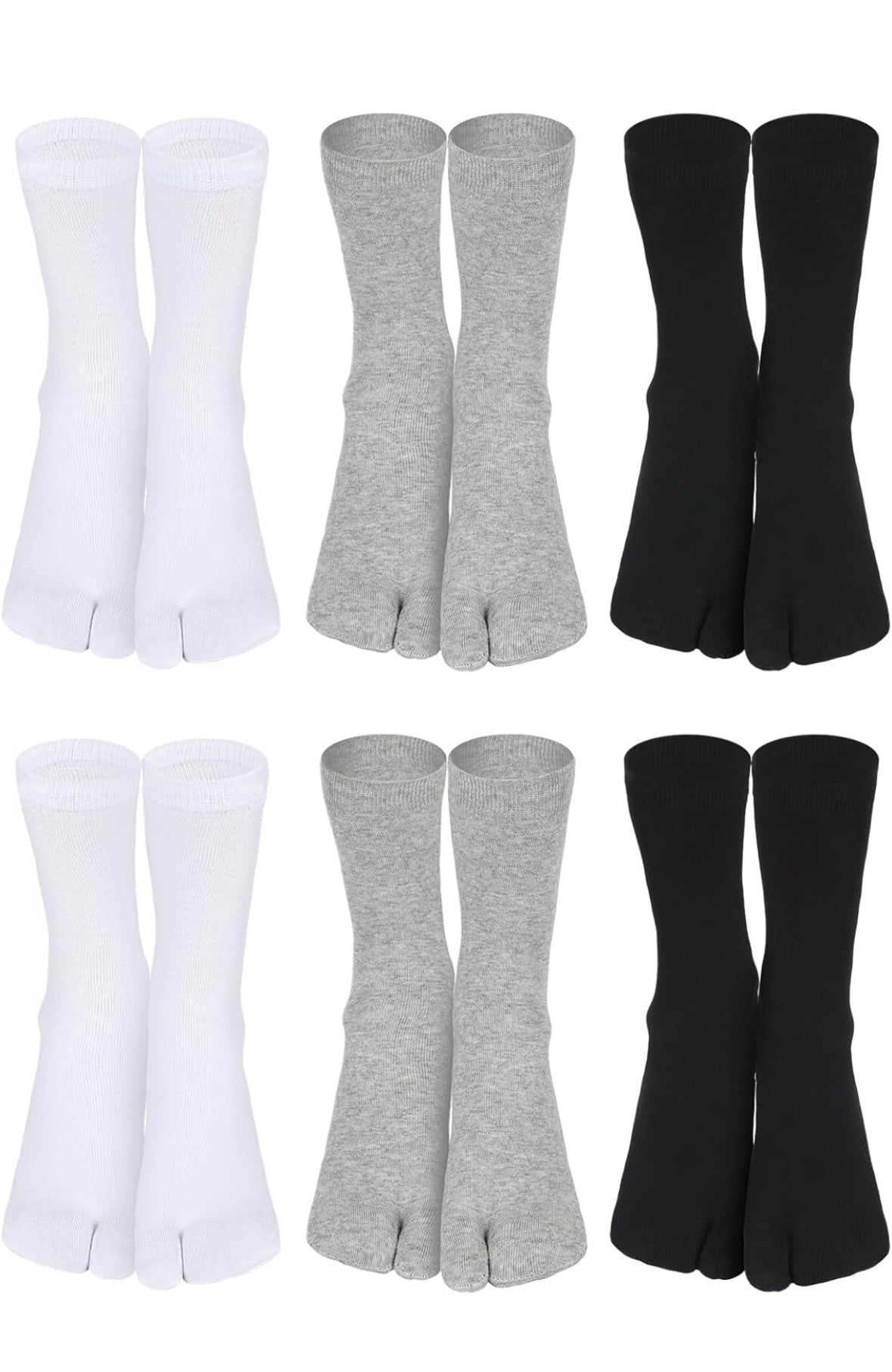 A set of 3 essential two toe Tabi sock pairs in White, Grey & Black
