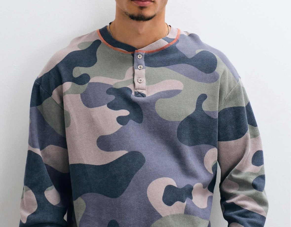 COLLUSION washed long sleeve waffle Tee in Camo