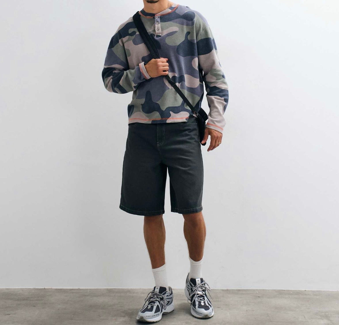 COLLUSION washed long sleeve waffle Tee in Camo