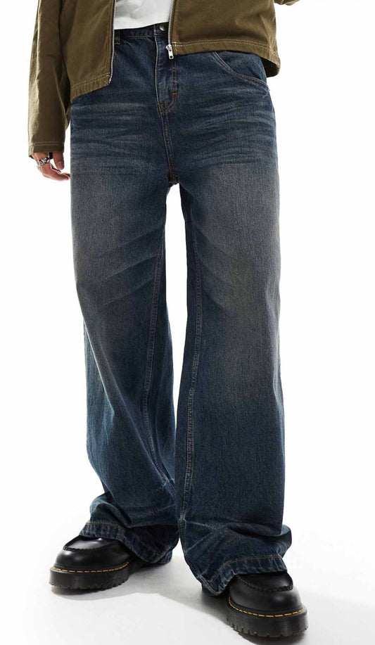 The RAGGED PRIEST Wide Fit Jeans in Dark Blue Dirty Wash