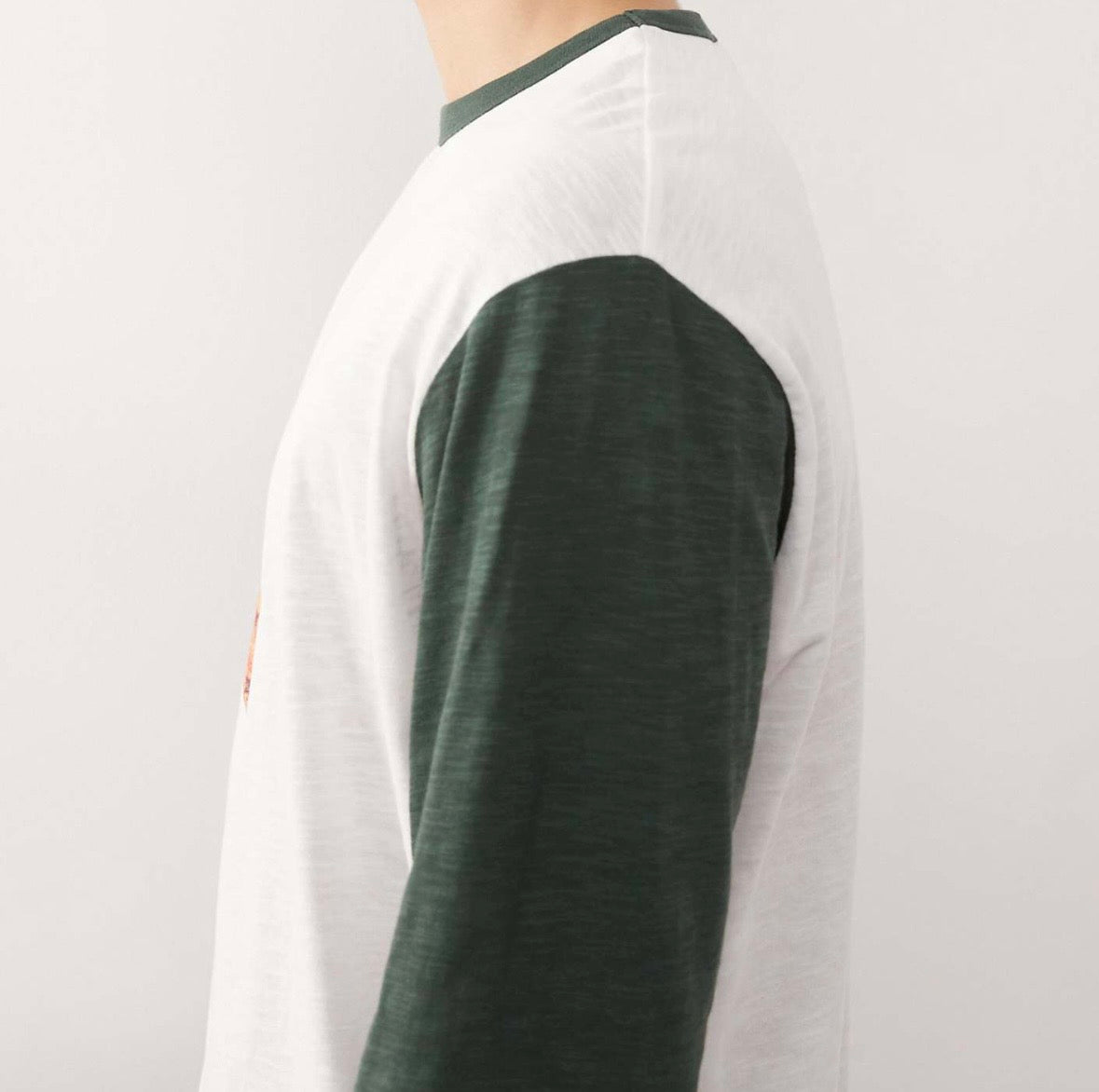 Reclaimed Vintage White Tee with sticker graphic & Green Long Sleeves