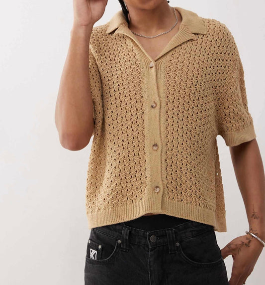 Reclaimed Vintage crochet knitted resort shirt in Tan