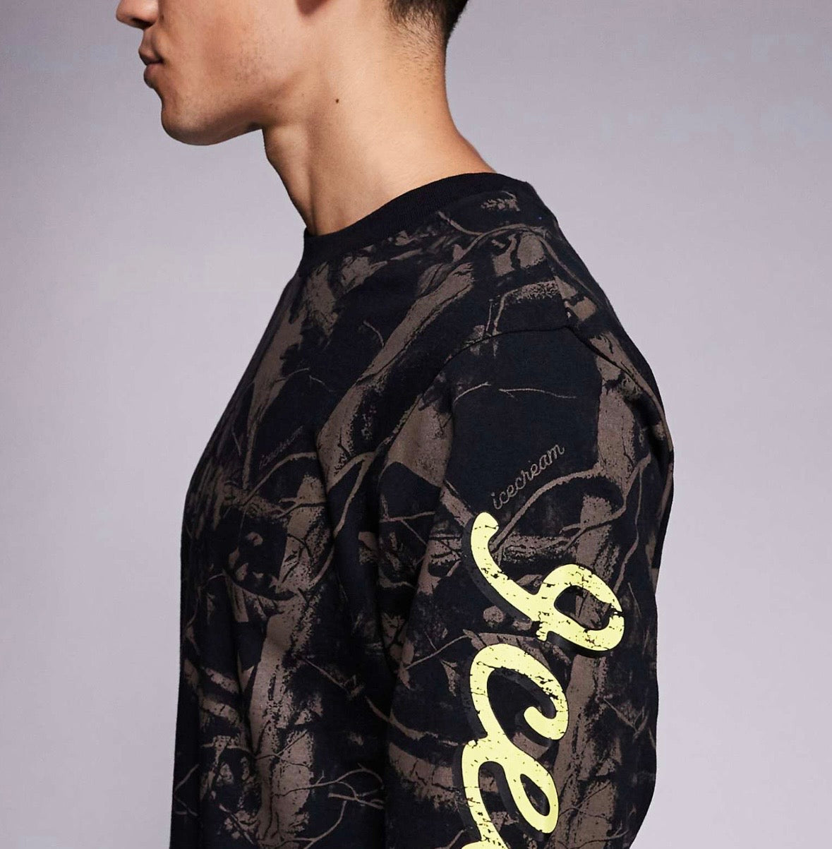 ICECREAM all over tree camo print long sleeve Tee in Black