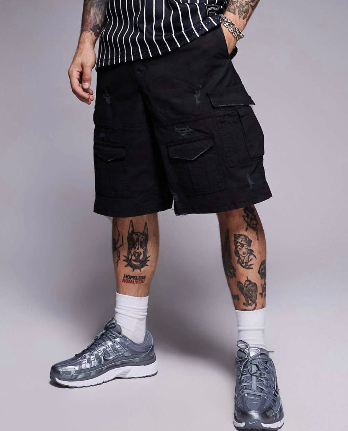 Courtside baggy distressed cargo shorts in Black Camo