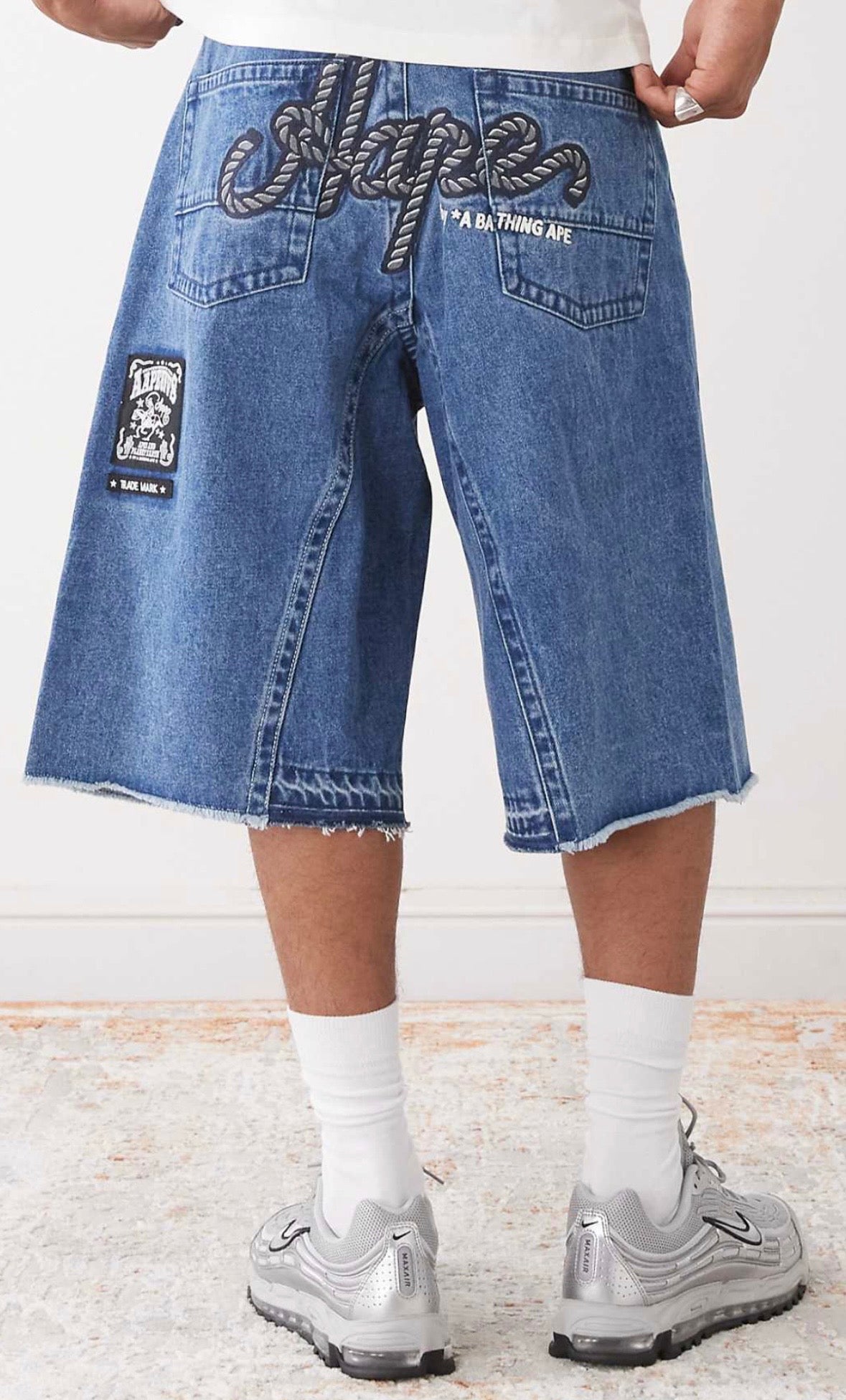 AAPE by A Bathing Ape denim shorts with logo embroidery in Light Blue wash