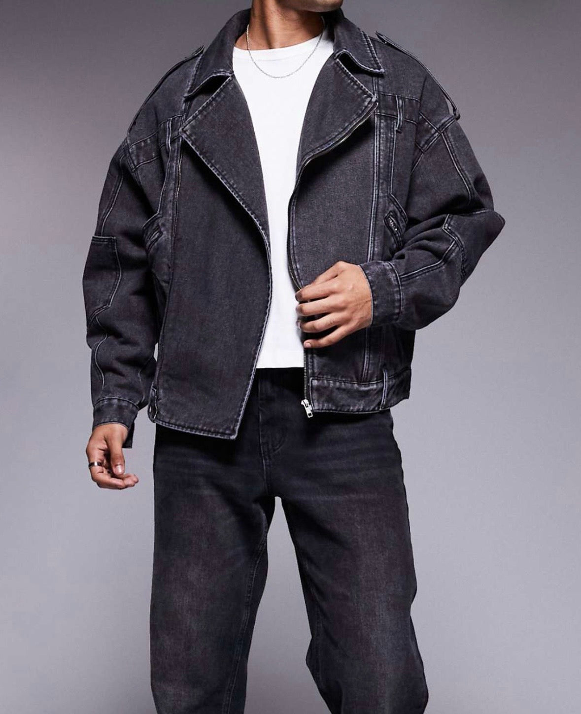 Liquor N Poker denim biker jacket in Black Wash