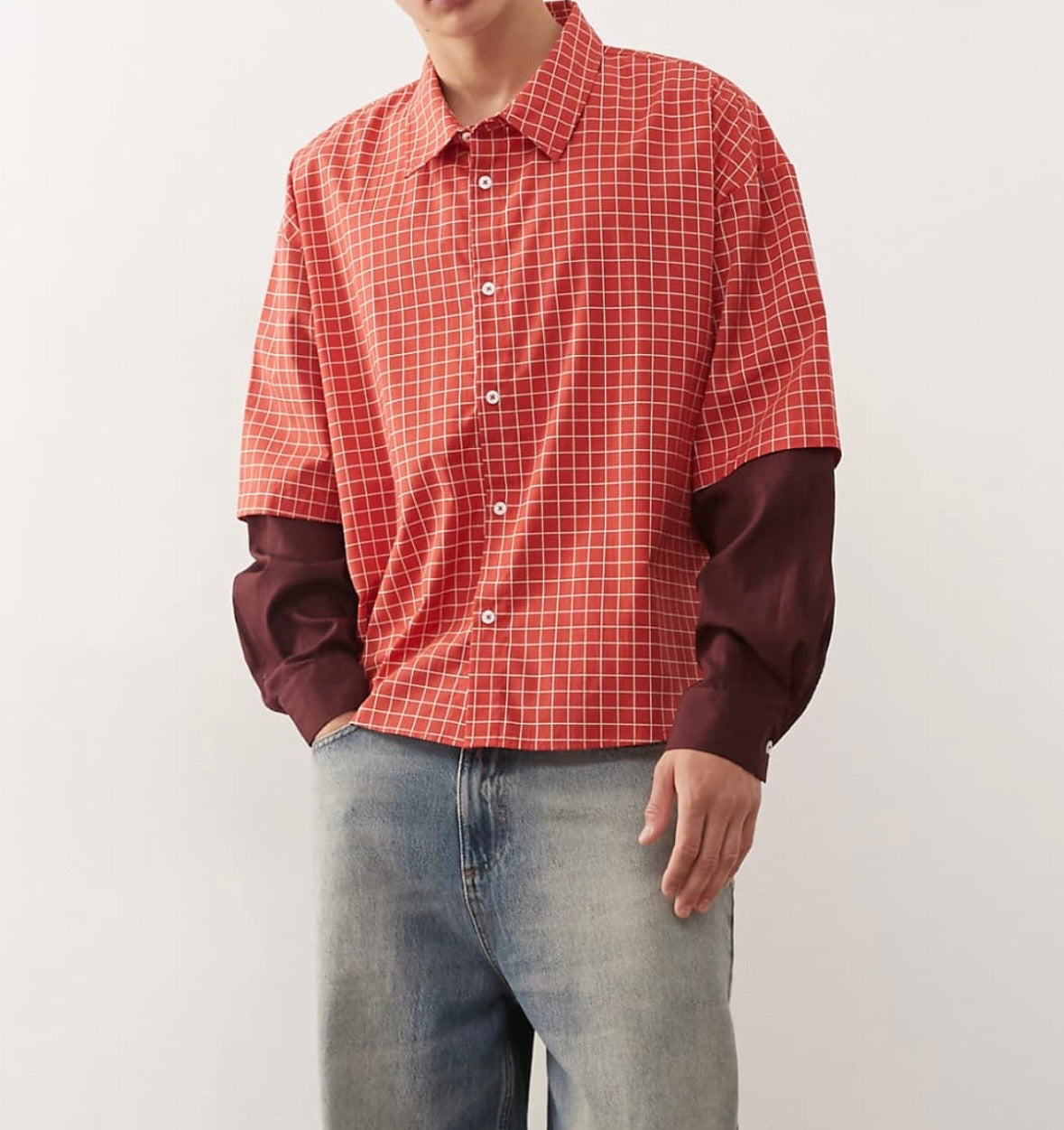 Reclaimed Vintage boxy crop red check shirt with double layer sleeve in Burgundy