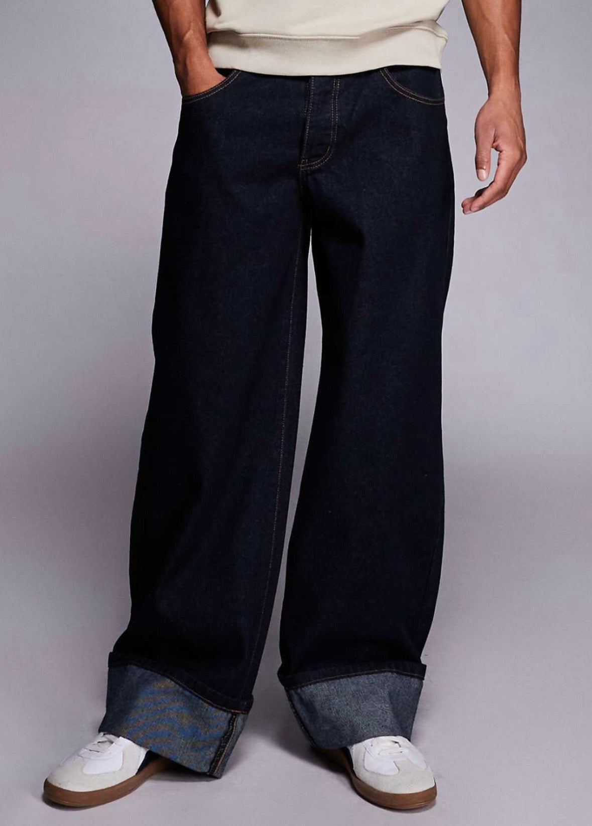 Liquor N Poker cinch turn up Baggy denim jean in Darkwash Blue