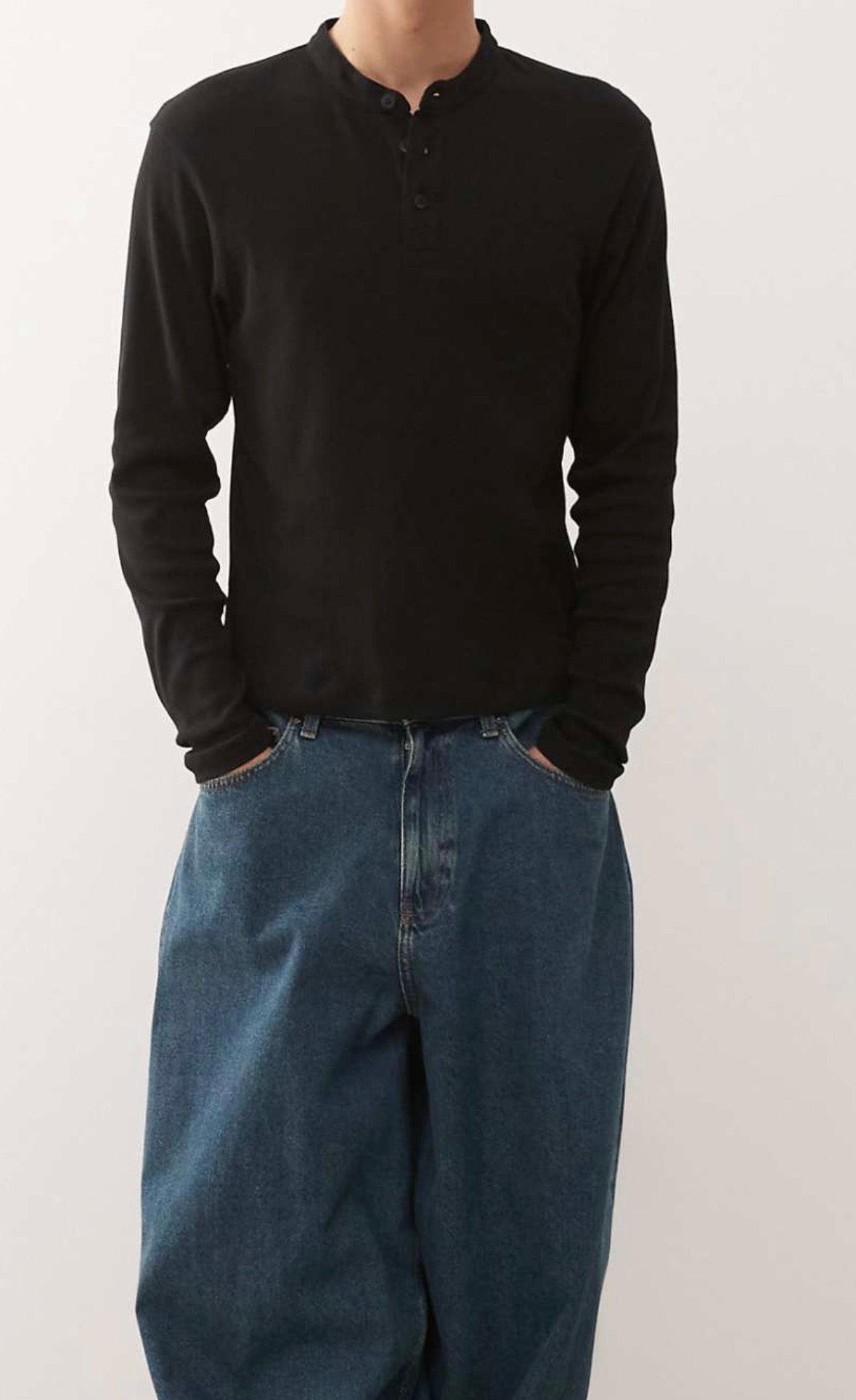 Reclaimed Vintage muscle fit long sleeve Henley Tee in black