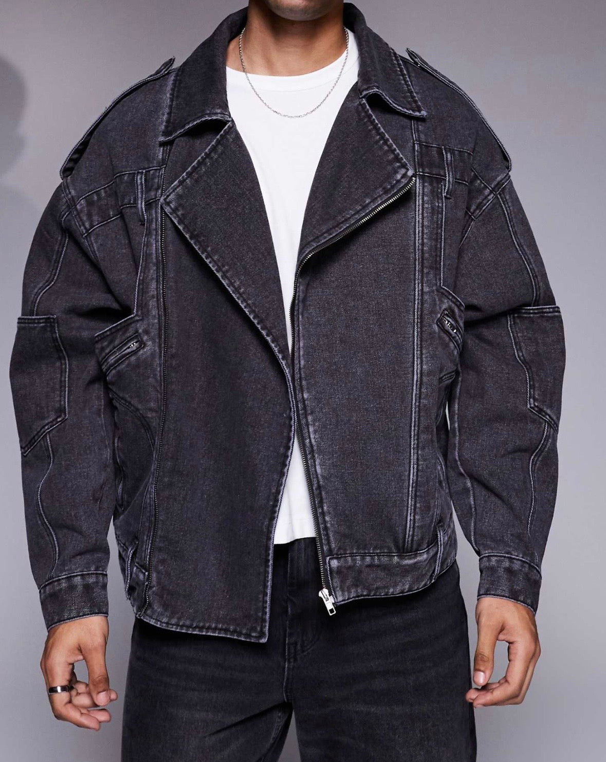 Liquor N Poker denim biker jacket in Black Wash