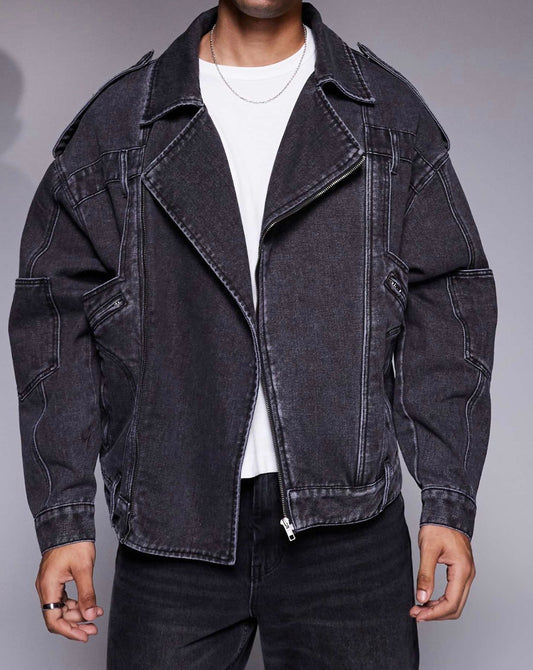 Liquor N Poker denim biker jacket in Black Wash