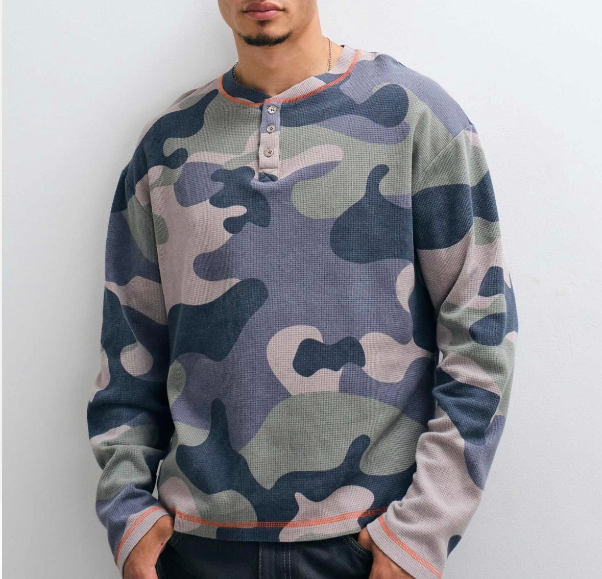 COLLUSION washed long sleeve waffle Tee in Camo
