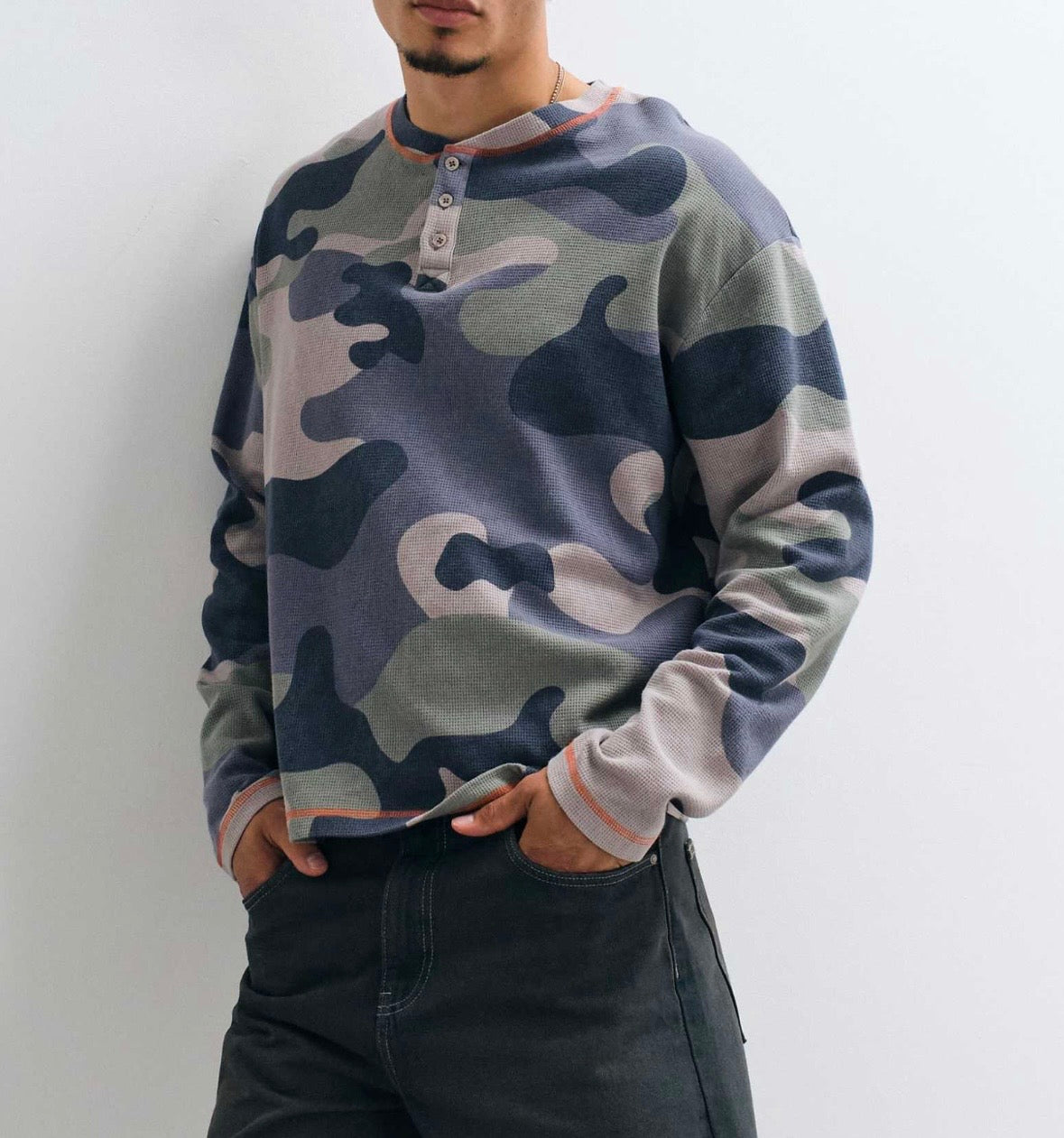COLLUSION washed long sleeve waffle Tee in Camo