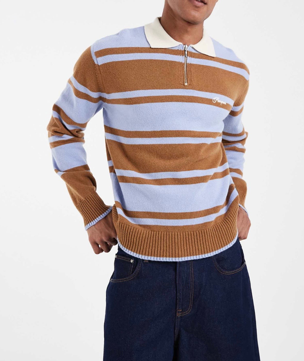 Pompeii striped knitted zip up Rugby Polo shirt in Multi