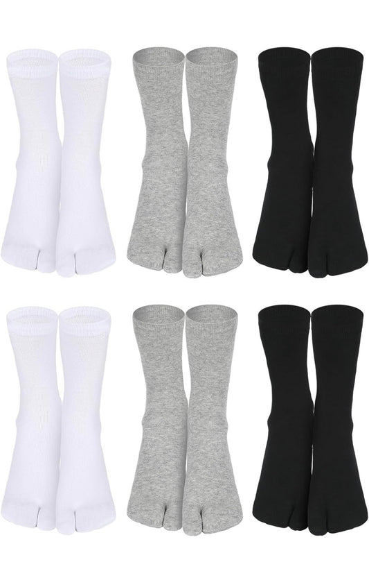 A set of 3 essential two toe Tabi sock pairs in White, Grey & Black