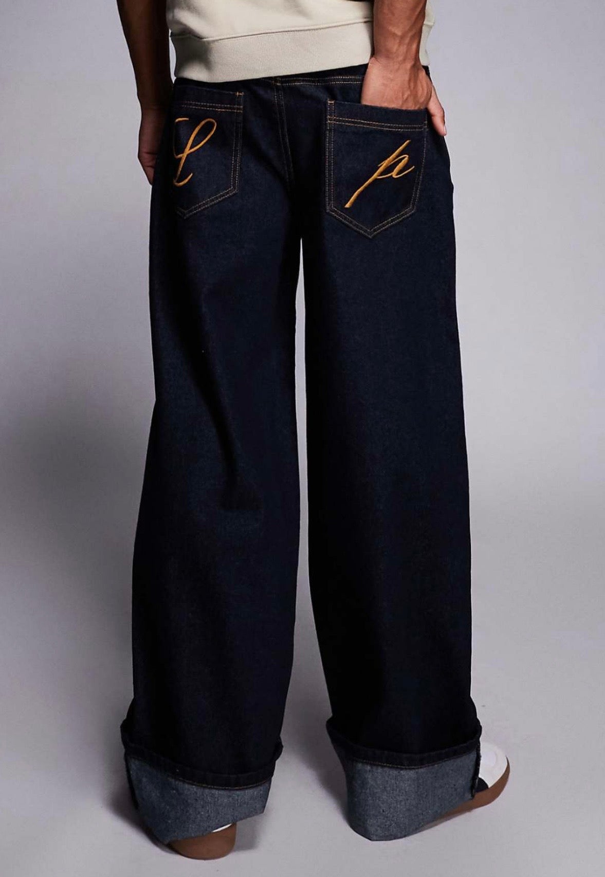 Liquor N Poker cinch turn up Baggy denim jean in Darkwash Blue
