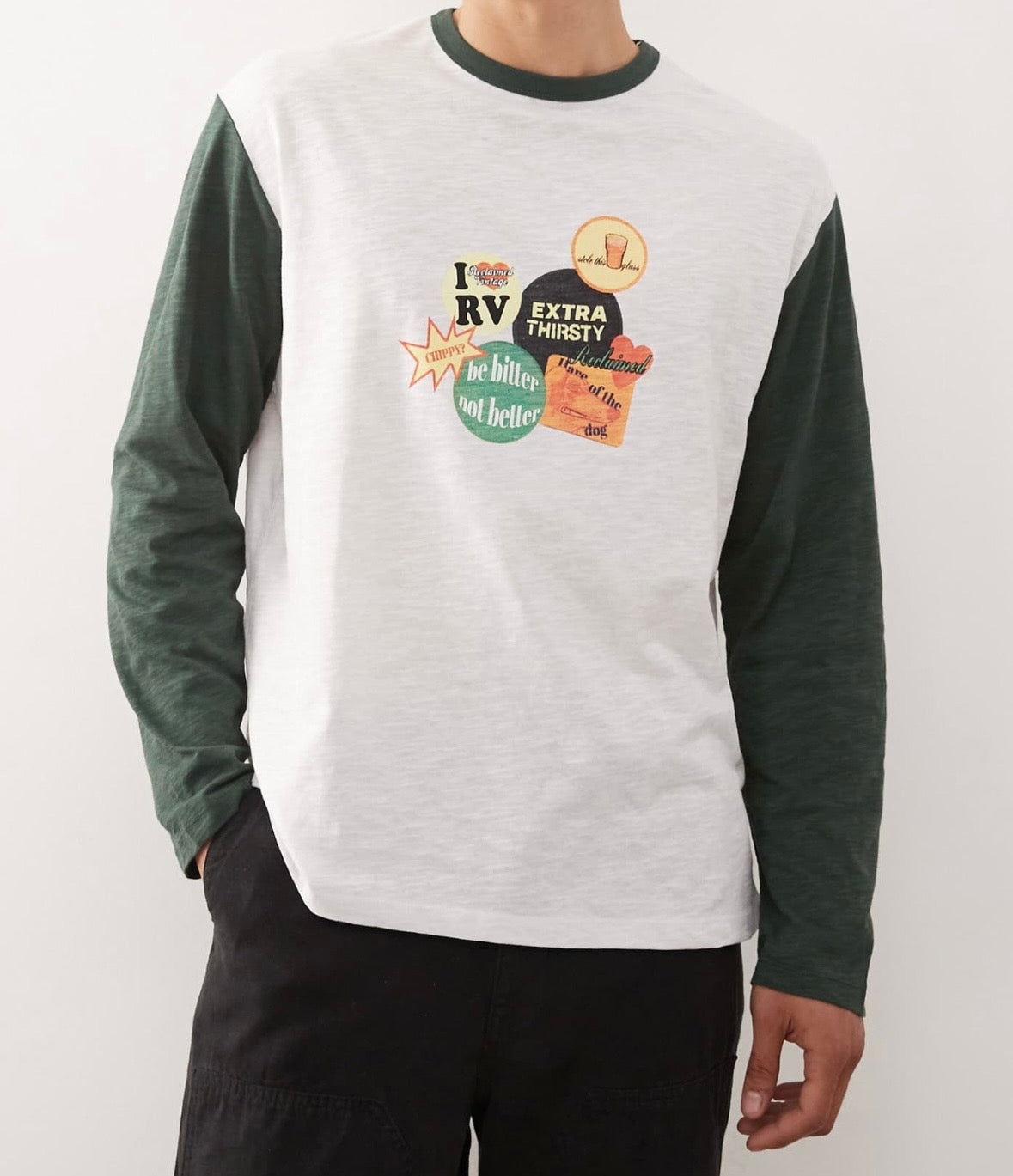 Reclaimed Vintage White Tee with sticker graphic & Green Long Sleeves