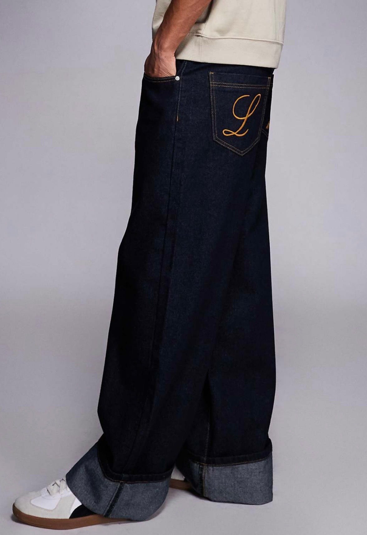 Liquor N Poker cinch turn up Baggy denim jean in Darkwash Blue