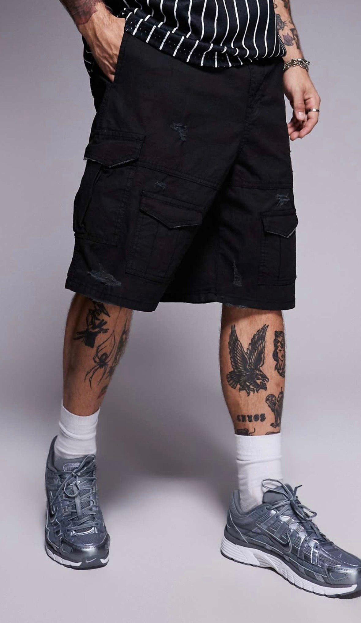 Courtside baggy distressed cargo shorts in Black Camo