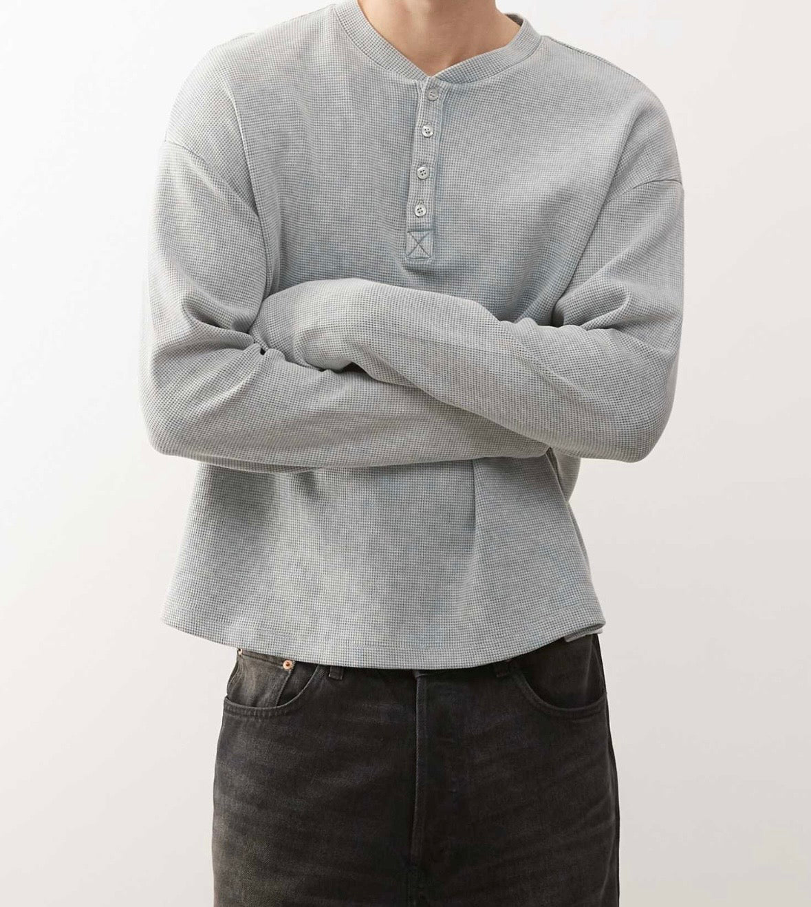 COLLUSION relaxed washed blue long sleeve Henley Tee