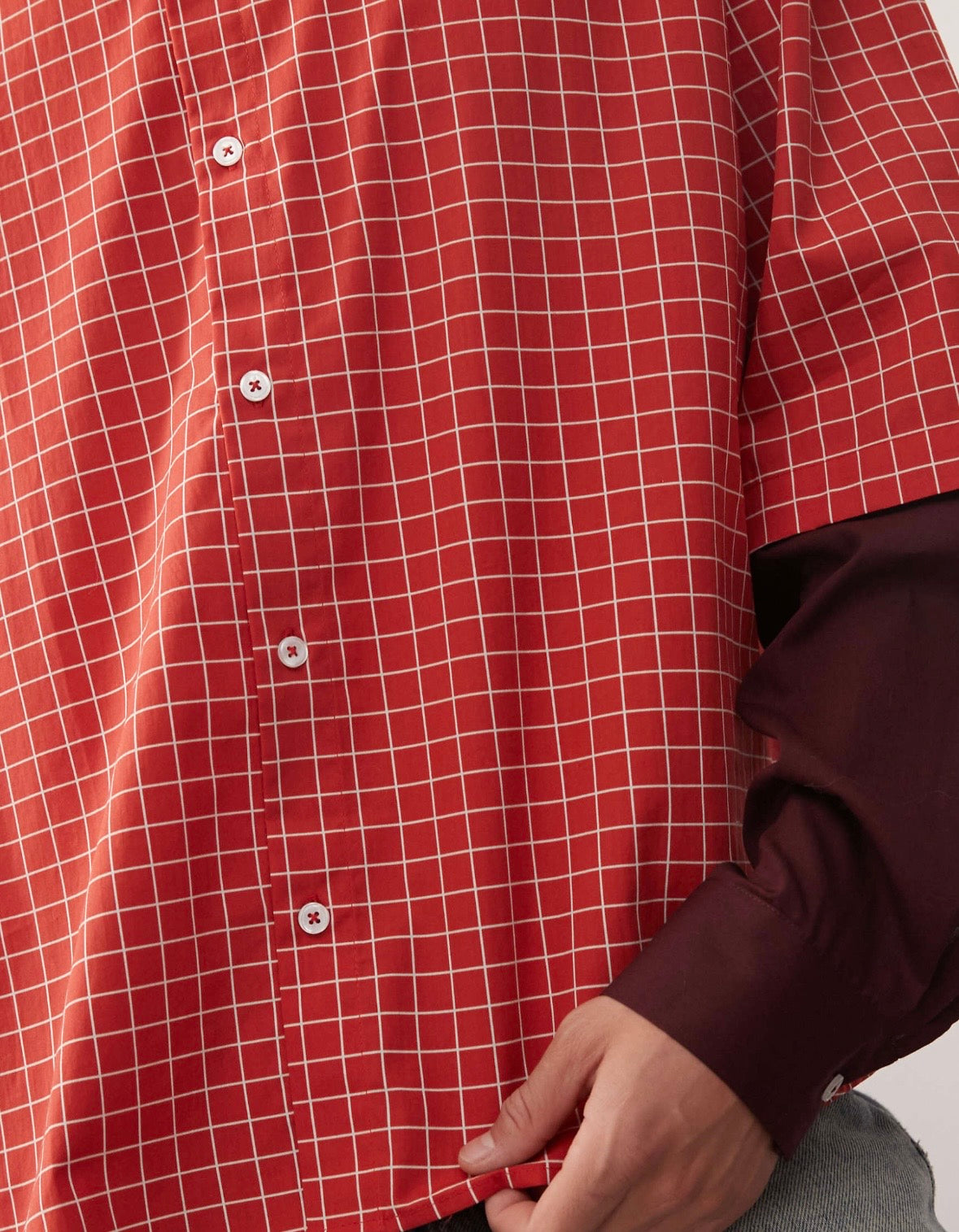 Reclaimed Vintage boxy crop red check shirt with double layer sleeve in Burgundy