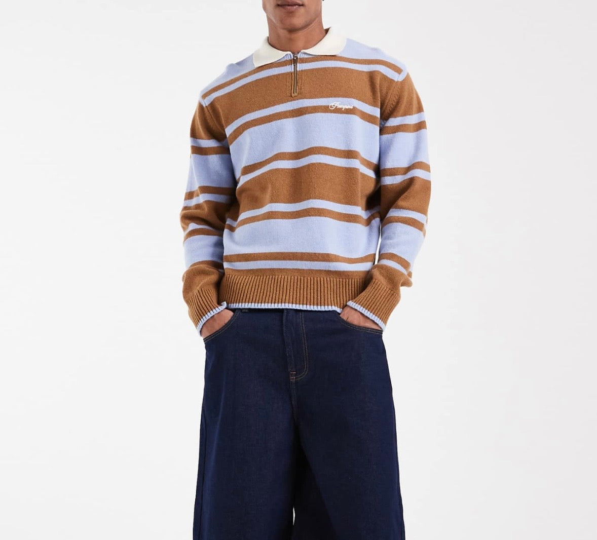 Pompeii striped knitted zip up Rugby Polo shirt in Multi