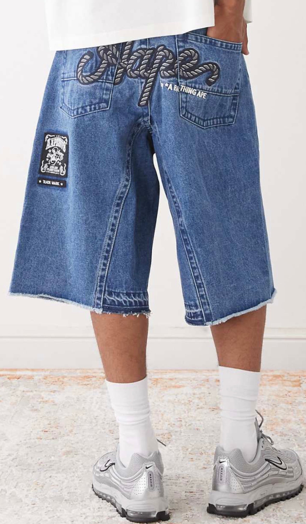 AAPE by A Bathing Ape denim shorts with logo embroidery in Light Blue wash