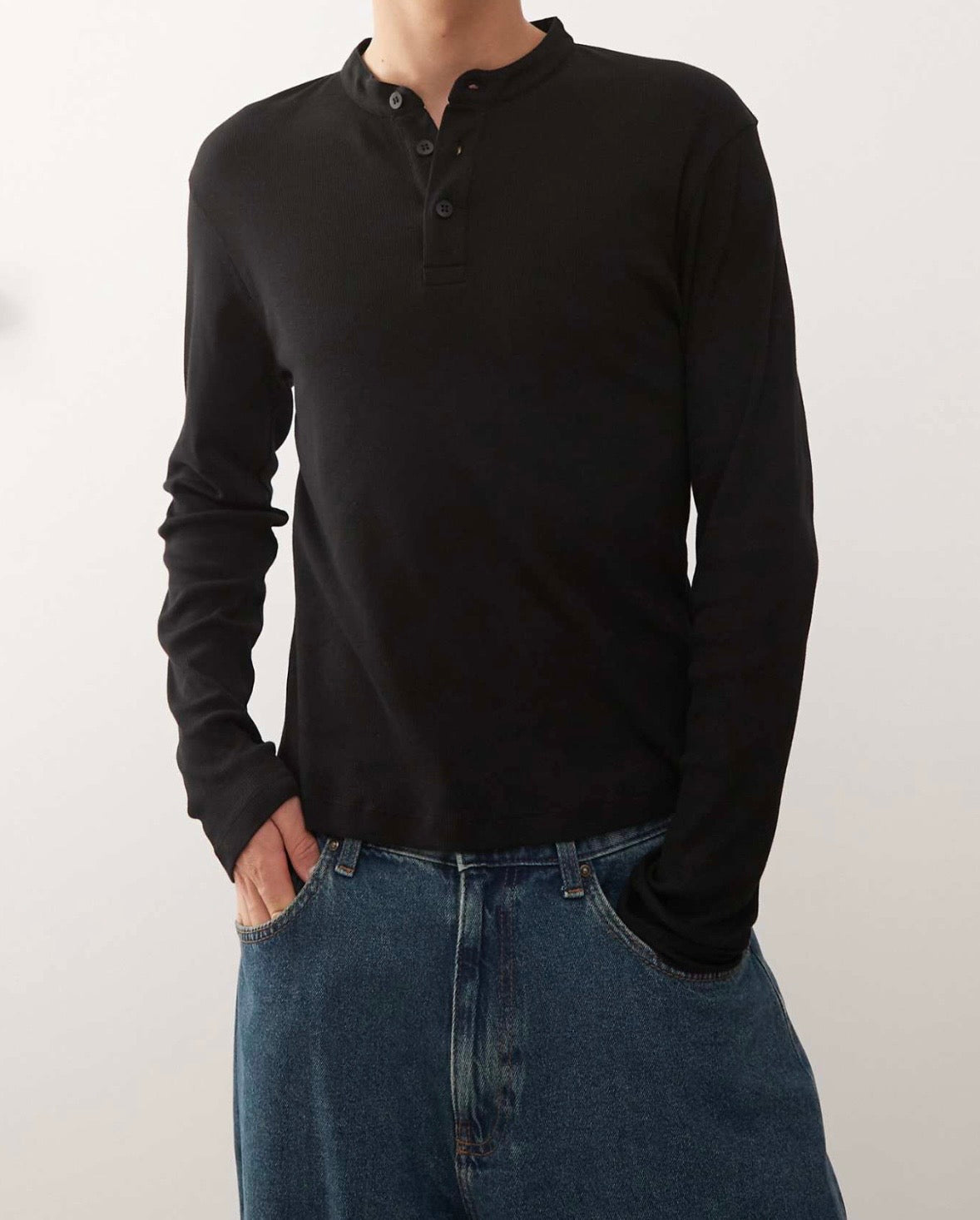 Reclaimed Vintage muscle fit long sleeve Henley Tee in black
