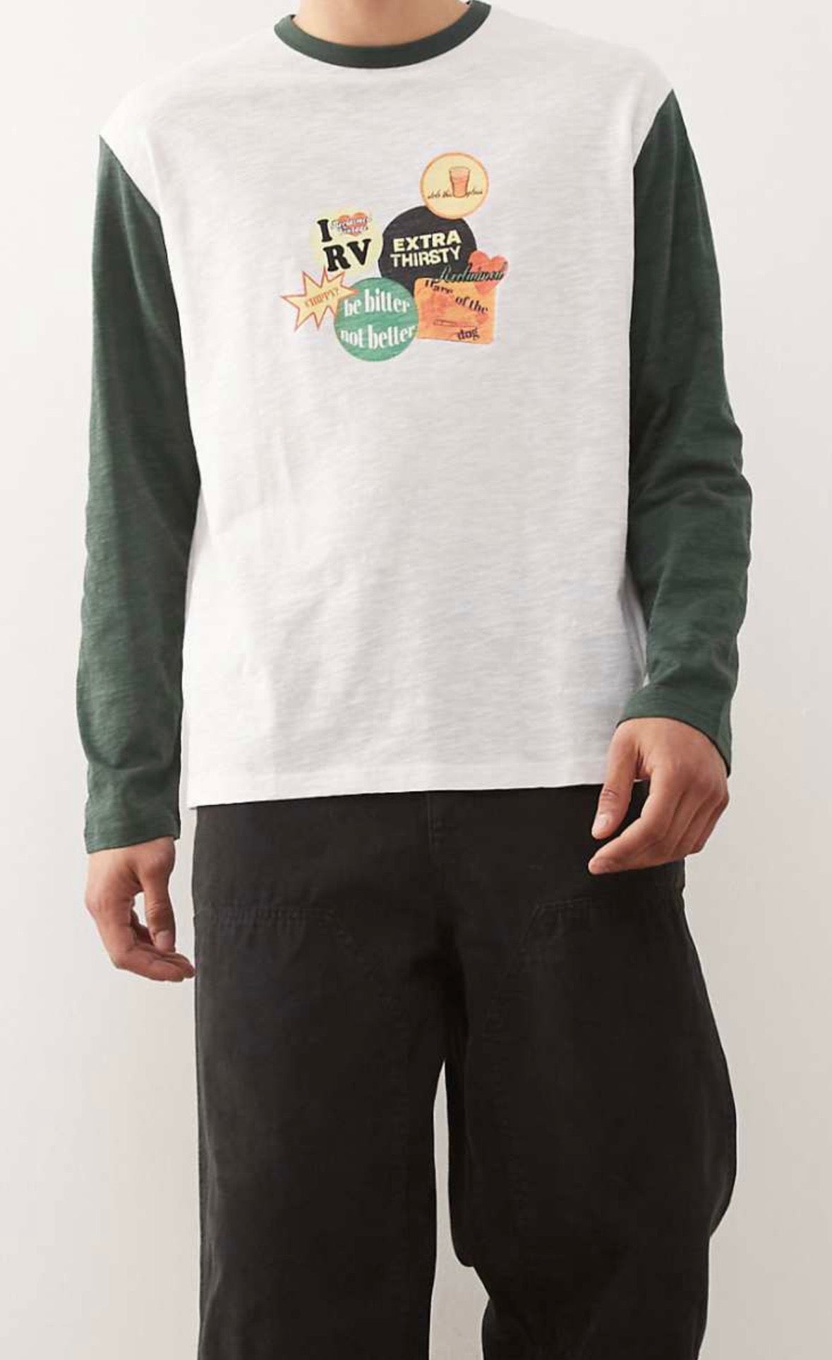 Reclaimed Vintage White Tee with sticker graphic & Green Long Sleeves