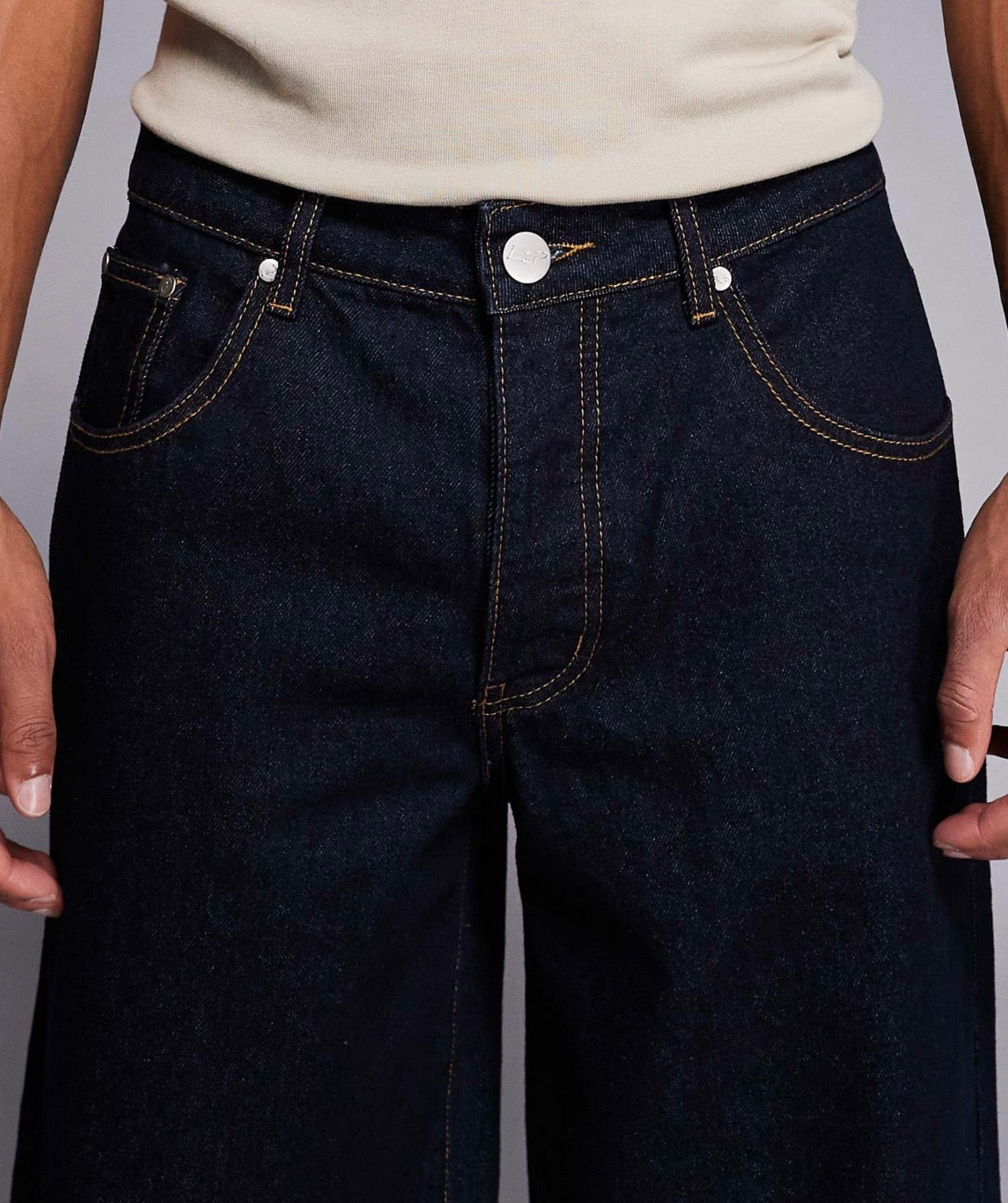 Liquor N Poker cinch turn up Baggy denim jean in Darkwash Blue