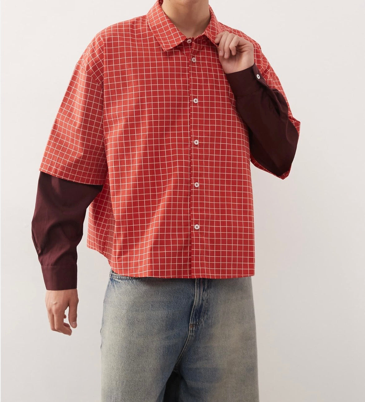 Reclaimed Vintage boxy crop red check shirt with double layer sleeve in Burgundy